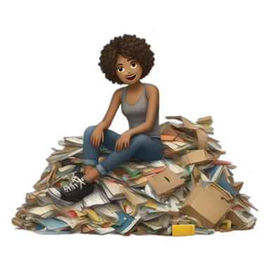girl sitting on top of a "junk pile" but the junk pile is actually desirable items like books, clothing, tickets, things representative of art and culture... sticker