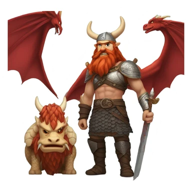 Viking red head dragon queen with a slain Viking solder with a man bun standing on a dragon flying over a volcano in a beautiful sky sticker