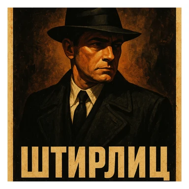 Штирлиц in a vintage spy movie poster style, dramatic lighting sticker