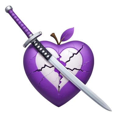 purple and white heart with a katana sword piercing through the center, Apple style emoji sticker