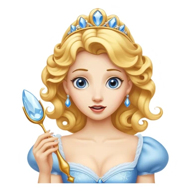 Cinematic Funny Cinderella Portrait Emoji, Stunned expression as she holds a glass slipper much too big, one eyebrow raised, golden curls slightly messy, a mix of royal grace and unexpected humor, capturing a lighthearted twist on her fairy tale moment! sticker