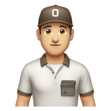 Pale skinned fit Man with dark brown hair in a light gray cap, dark brown jeans, brown polo and white T-shirt keeping a pasted with tape white box into his hands sticker