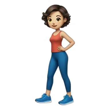 Short brunette, leggings, blue walking shoes, tattoo sticker