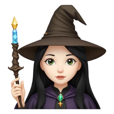 a girl with black long hair, witch hat and a magic wand in her hand sticker