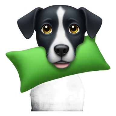 Black dog holding green pillow sticker