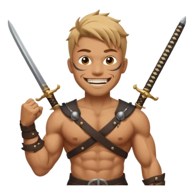 Haz que tenga una sonrisa epica una cicatriz en el ojo serrado y una espada entre los dientes y dos más a cada lado. sticker