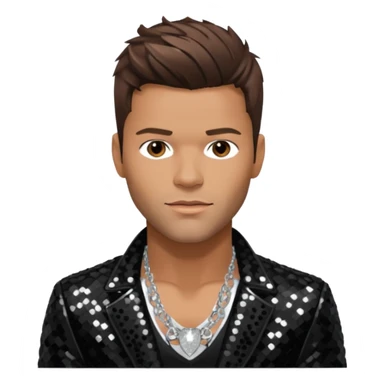 Ricky Martin with brown hair, black sequin jacket, shirtless with necklace sticker