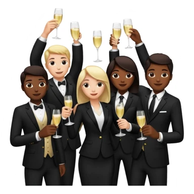 Un equipo cin trajes negros, personas blancos y negros de ventas celebrando un logro con un brindis. El fondo negro totalmente  sticker