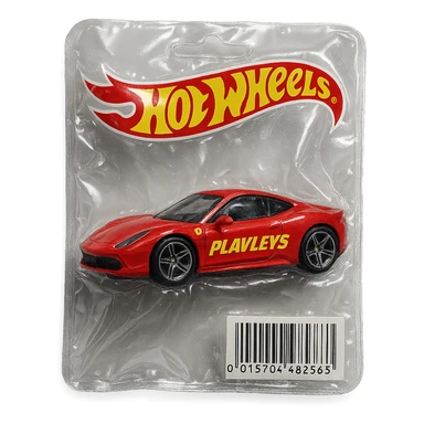 red Ferrari car with the word 'PLAVLEYS' in racing style lettering on the side, inside a Hot Wheels blister package, glossy and puffy, vacuum-sealed style sticker