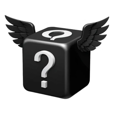 Black cube with black wings and has a white question mark sticker