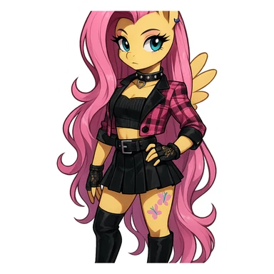 Fluttershy in a Blackpink-inspired style, wearing a trendy outfit, with pink and black accents, transparent background sticker
