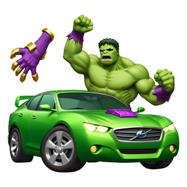 Vengeful hulk smashing a car wearing infinity gauntlet sticker