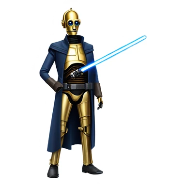 well-equipped jedi first order human-sized darkblue-pearl C3po as a friendly bounty hunter droid wearing a leather wild west duster coat holding light saber ready to fight but relaxed. antiqued sticker