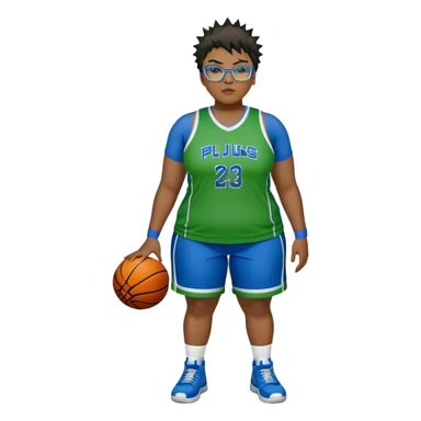 full body white plus size women basketball player with short spiky dark hair with added blond highlights wearing blue glasses wearing green and blue uniform sticker