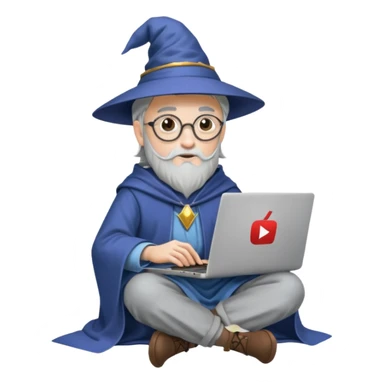 A wizard sitting with a laptop on his lap, the laptop looking like a Mac but with the YouTube logo on it sticker