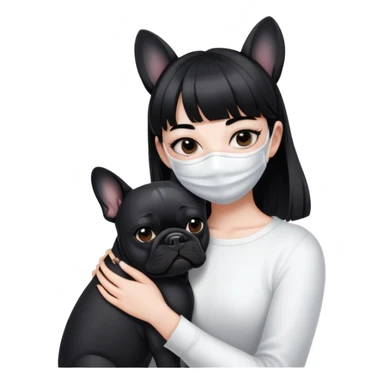 girl with short black straight bangs hair wearing a white mask and hugging a black French bulldog sticker