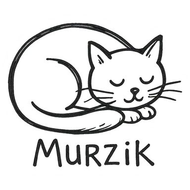 hand-drawn black outline icon of a cat named Murzik, curled up and sleeping sticker