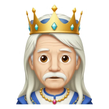 old man with long white hair and no moustache wearing a white shirt and a crown sticker