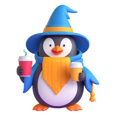 Penguin wizard drinking coffee while using iPhone sticker