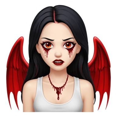 White woman with a white tank top long black hair glossy middle part long hair vamp look with fangs or blood dripping down lips brown eyes eyeliner winged with lashes top and bottom white border sticker
