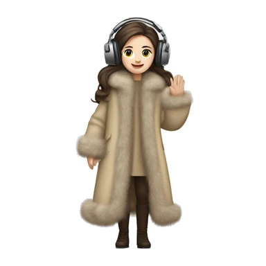 Posh pale long hair brunette girl in beige fur coat and fur headphones waving sticker