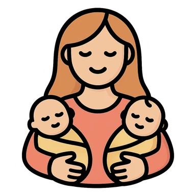 mother holding two babies in her arms, expressive detailed vector illustration, simple lines, shadows and highlights, soft beige palette, elegant gentle warm, clear facial features, smooth hair, warm loving expression sticker