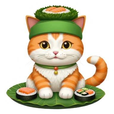 cat with its paws crossed wearing a hat made out of sushi sticker