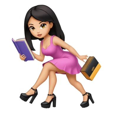 Bimbo walking, platform heels, mini dress, black hair, picking up book from ground, hot, curvey, bratz sticker