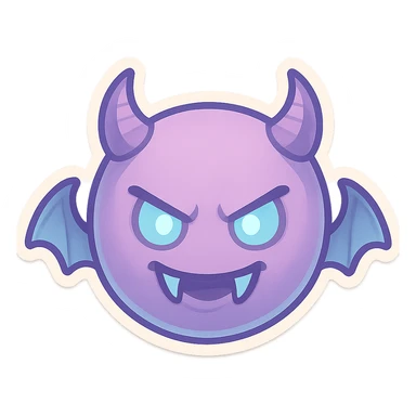 devil emoji in chibi style with pastel palette of soft purple and sky blue, sharp fangs, glowing eyes, dramatic shadows sticker