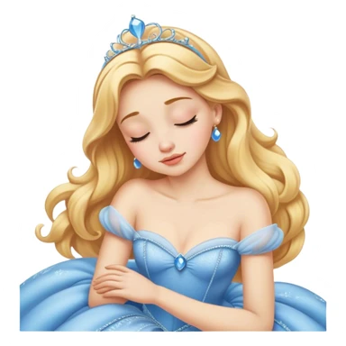 Cinematic Realistic Sleeping Cinderella Portrait, portrayed with exceptional realism: her luminous porcelain skin and exquisitely detailed golden-blonde hair lie softly under the gentle caress of natural light. Her eyes are peacefully closed in a serene, dreamlike slumber, and every fold and shimmer of her iconic ball gown is rendered with painstaking detail. The overall composition radiates a quiet, enchanting glow that encapsulates the timeless, restful beauty of a princess lost in a gentle, magical dream. sticker