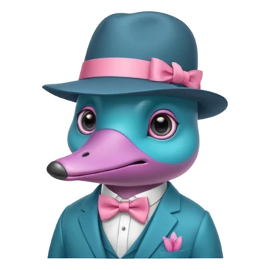 cute light blue turqiouse platypus head, mysterious with very big eyes with a detective hat, no  hands, looks like a platypus but blue, the hat and suit are pink sticker