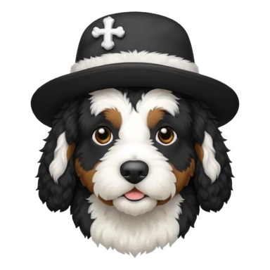 A black Bernedoodle with a white chest with a black and white hat that says friars on it sticker
