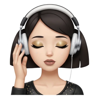 Girl with dark hair, fair skin tone, wearing a black leather top, has glitter on her eyelids, and taupe lipstick, wearing white headphones, her hands are on her ears, and her eyes are close sticker