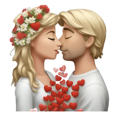Hyper Realistic Couple kissing surrounded by red hearts and flowers  sticker