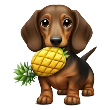 A small brown long haired dachshund dog holding a pineapple in its mouth  sticker