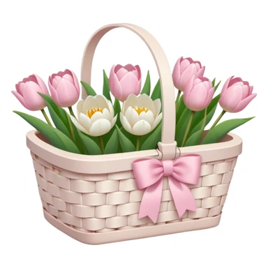 A white Picnic basket with light pink bow, white peonie, tulips sticker
