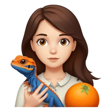 White girl with dark brown hair and teen eyes holding on her hands orange bearded agama sticker