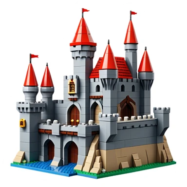 A photorealistic icon featuring a large medieval castle built from LEGO bricks, with detailed textures of the bricks, turrets, and drawbridge. The design captures the creativity and intricacy of LEGO construction with vibrant colors and realistic lighting. Transparent background sticker