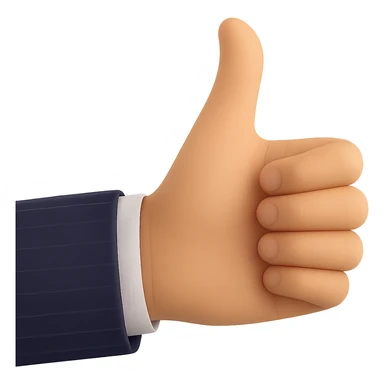 Change the shirt sleeve to navy with a line pattern matching the reference suit style. Keep the hand giving a thumbs up, 60% realistic, with a natural light tan skin tone. Maintain a transparent background. sticker