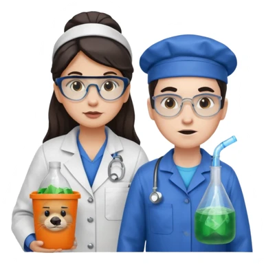 an otter disguised as a woman garbage collector next to a white man mad scientist with dark hair sticker