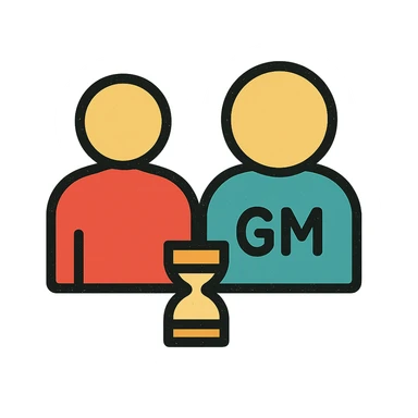 ultra-minimalist icon of two simple figures side by side representing player and GM, with a small clock or hourglass, worn and distressed style sticker