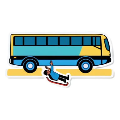 A person laying underneath a bus fixing sticker