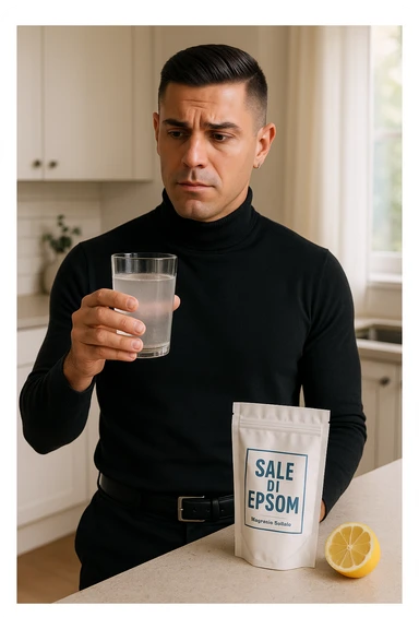 A realistic, bright photo-style image of a young man in his 30s standing in his kitchen, holding a clear glass filled with water in which Epsom salt (magnesium sulfate) has been dissolved. He looks focused but slightly uncertain as he prepares to drink it for a liver flush or digestive cleanse. The glass shows slight cloudiness from the dissolved salt. On the counter are a packet labeled 'Sale di Epsom' and a sliced lemon, suggesting he might use it to mask the taste. The setting is clean, natural, and bright with neutral tones. The background shows sunlight streaming through a window, emphasizing a clean, minimalist health-focused environment. The mood conveys a realistic, calm moment of self-care with a hint of discomfort, illustrating a natural detox practice in italiano sticker