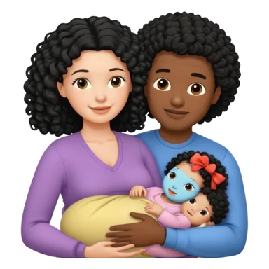 family: white woman curly black hair, black man with short black frizz hair, one 2 y o daughter , and a newborn in the and of the mother sticker