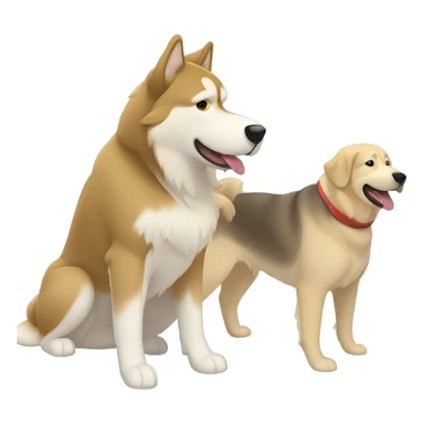 Light Brown malamute playing with a golden Labrador in the woods  sticker