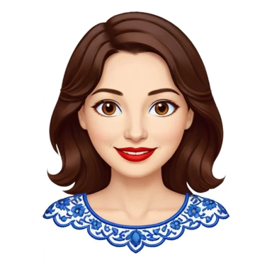 Woman in her 40s with clear skin, round face, wide friendly smile, big light brown eyes, vibrant red lipstick, shoulder-length wavy dark brown hair, white top with blue embroidery and electric blue neckline, mature elegant look sticker
