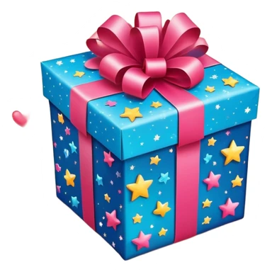 cute gift box with sparkling stars and hearts, smiling wrapping paper, vibrant colors, joyful and romantic mood sticker