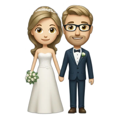 Wedding couple. Bride has brown hair pinned up. She wears lace dress. She has blue eyes. Groom has olive green suit and brown vest. He has blond hair. He wears glasses. He has blue eyes too. sticker