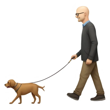 Bald white man with glasses walking a small brown dog sticker