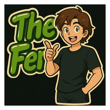 Edit the anime man to wear a black t-shirt with no jacket, standing in front of green bubble letters that say 'The Fern'. Keep his medium-length brown hair and expressive anime face. Maintain a rounded, glossy, energetic vibe in the style of the original image. sticker